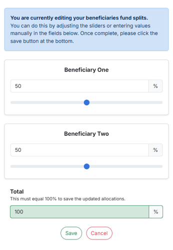 A screenshot showing the new beneficiaries interface, in the editing view.